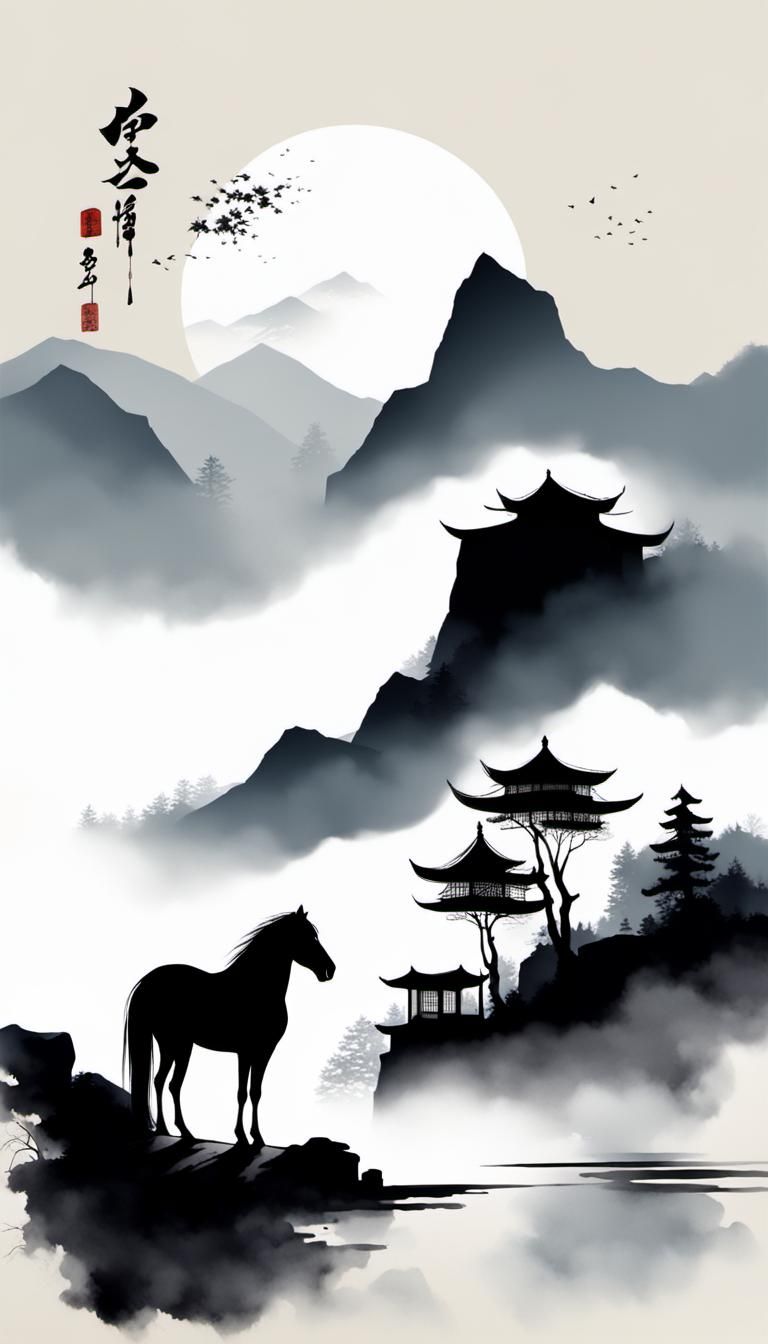 Minimalist Chinese Ink Painting of Horse in Landscape