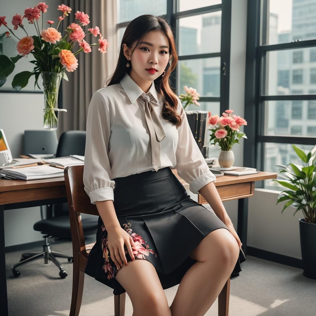 Asian Office Lady at Desk with Flowers