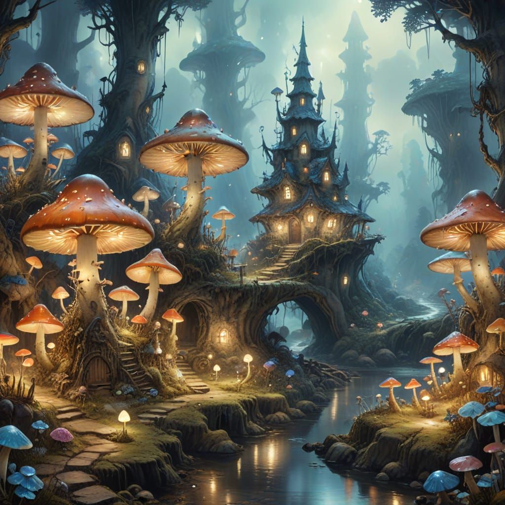 Enchanted Mushroom Village with Sprites in Watercolor Style
