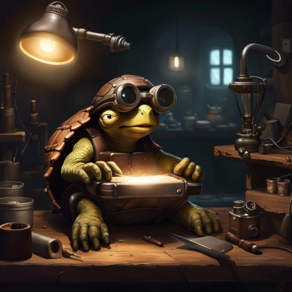 Turtle Tinkerer Fixing Toaster in Dark Fantasy Workshop