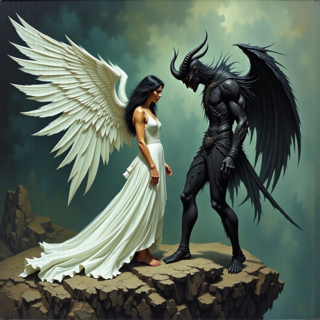 Angel and Demon in Love on a Cliff