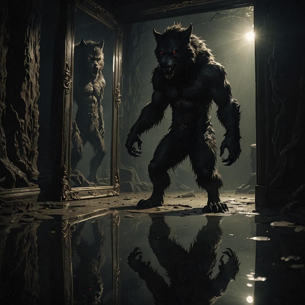 Mysterious Werewolf Shadow in Mirror Abyss