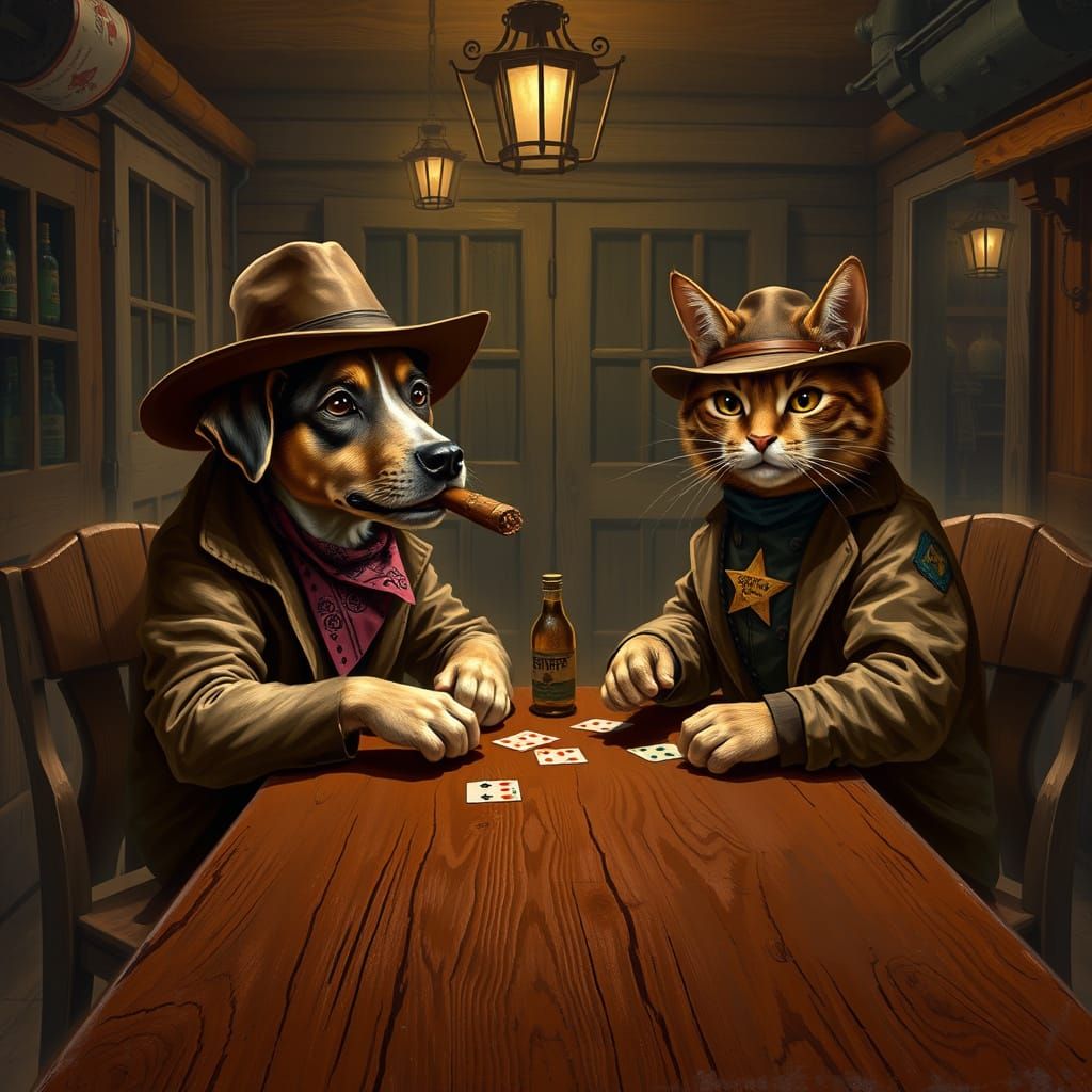 Faro Game in Old West Saloon: Dog and Cat Gamble with Whimsy