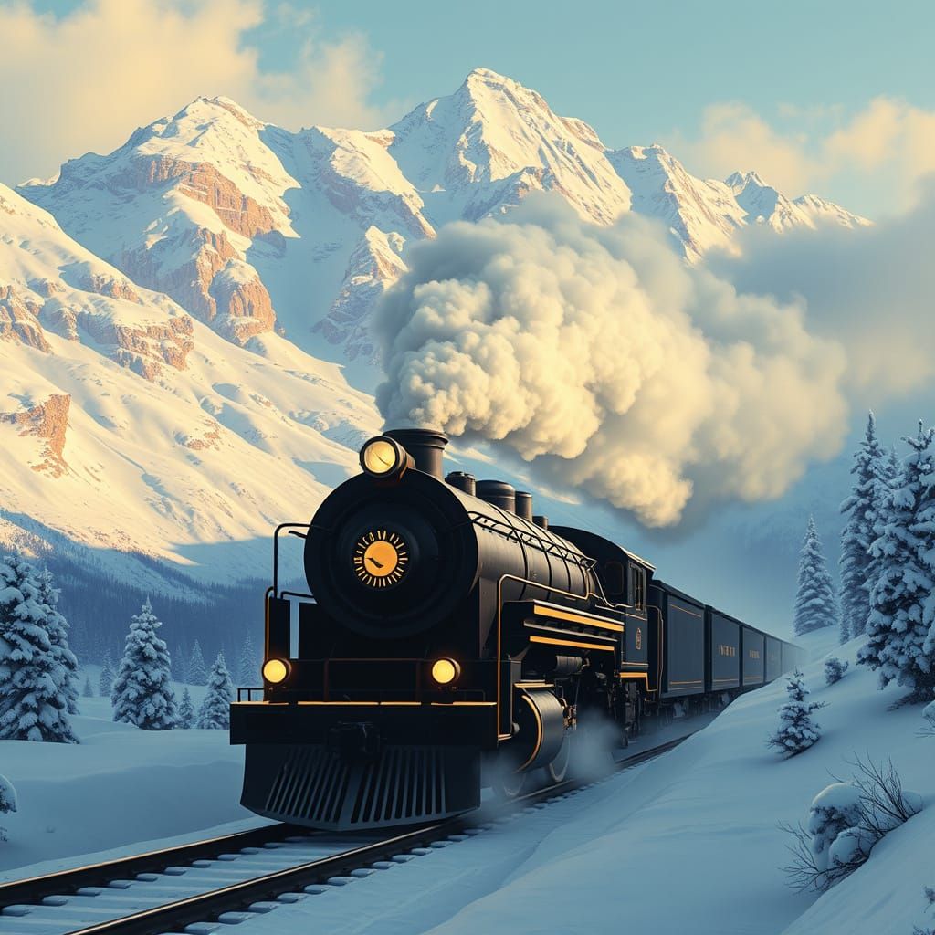 Art Deco Steam Train in Snowy Alpine Landscape