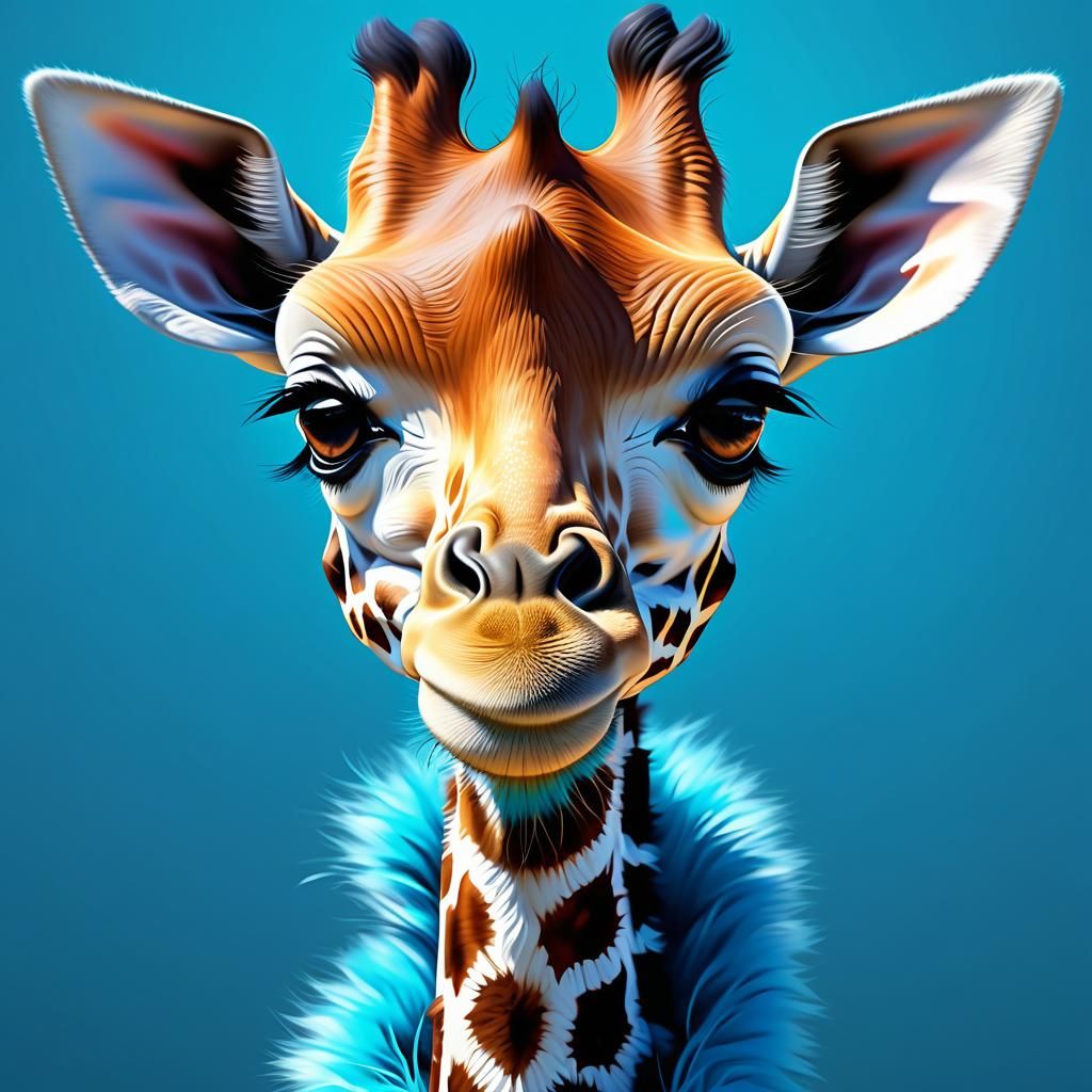 Hyperrealistic Smiling Baby Giraffe with Blue Eyes