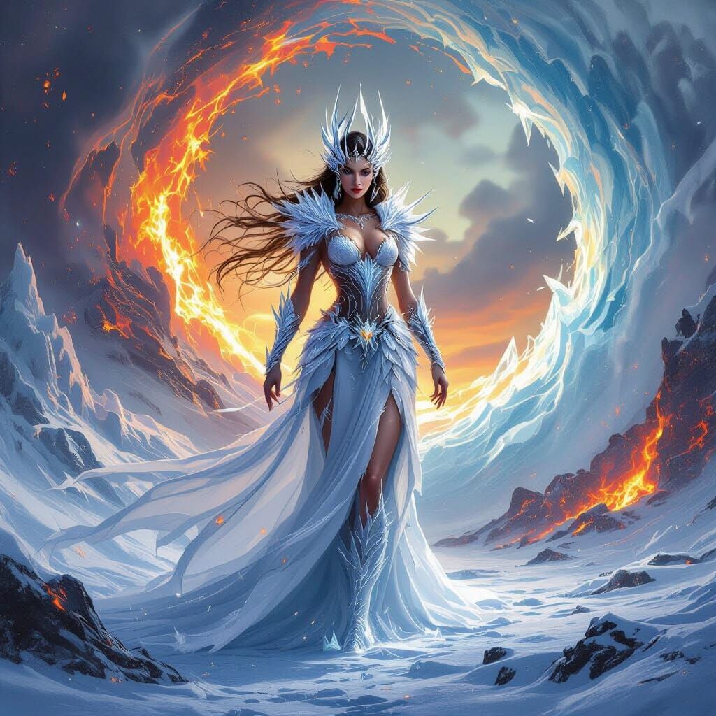 Goddess of Ice and Fire in Epic Fantasy Style