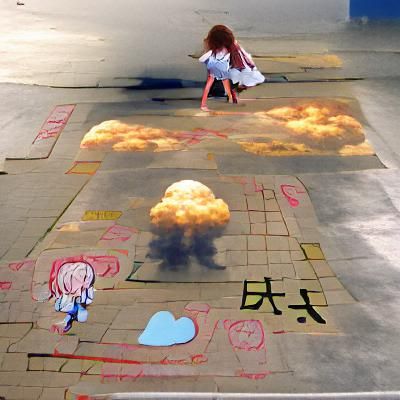 Girl Plays Hopscotch as Nuclear Cloud Looms, Anime Art