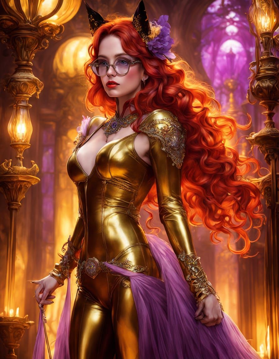 A 25 year old foxy-lady with very long red hair, glasses, we...