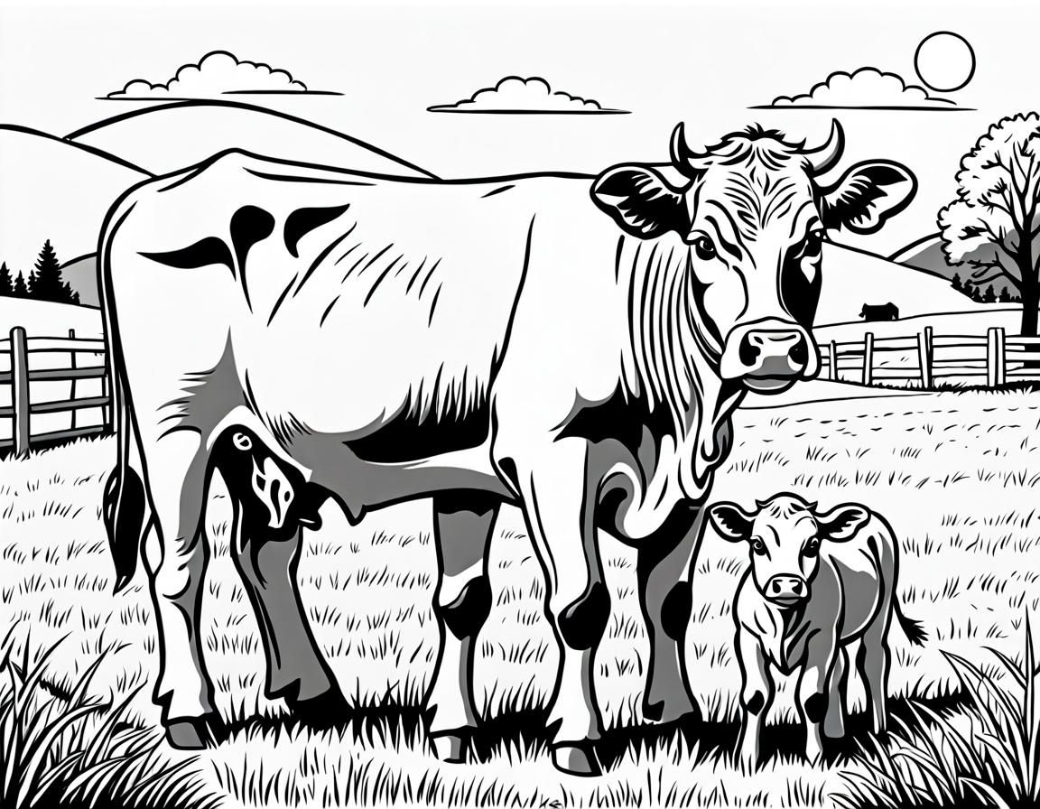 Cute Cow and Calf Coloring Book Page