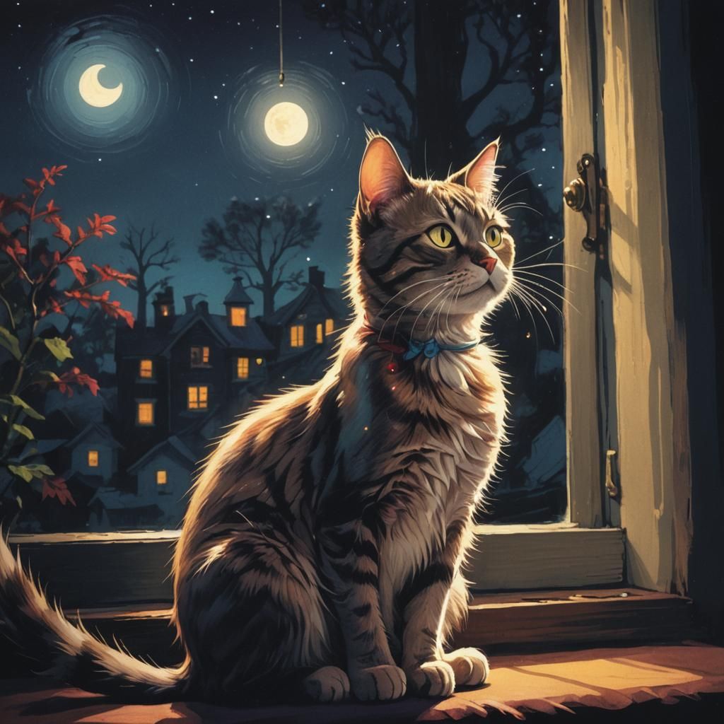 Whimsical Cat in Moonlight, Dr Seuss Illustration