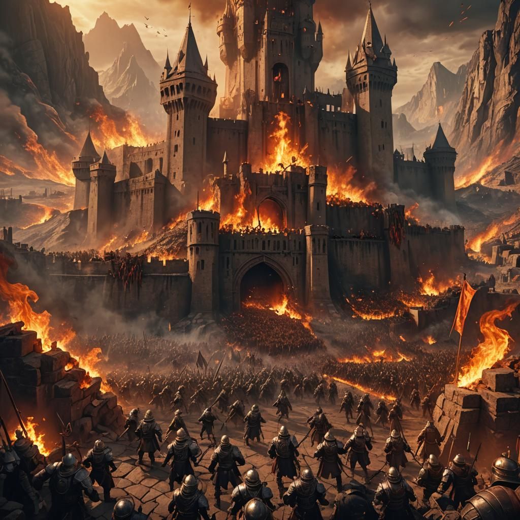 Victorious Army Amidst Burning Fortress, Epic Fantasy Art