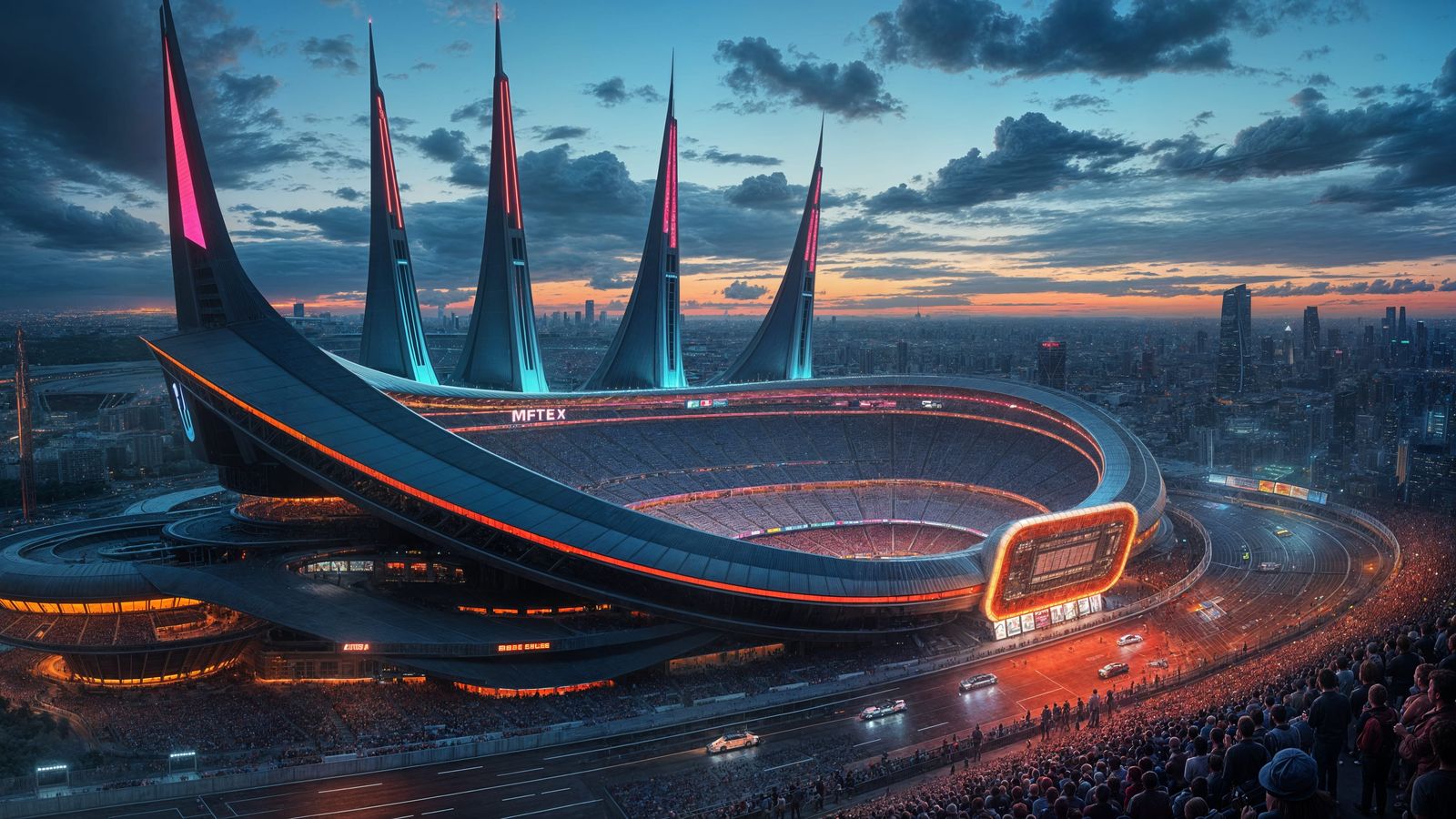 A gigantic futuristic stadium for sports, auto racing, and music events