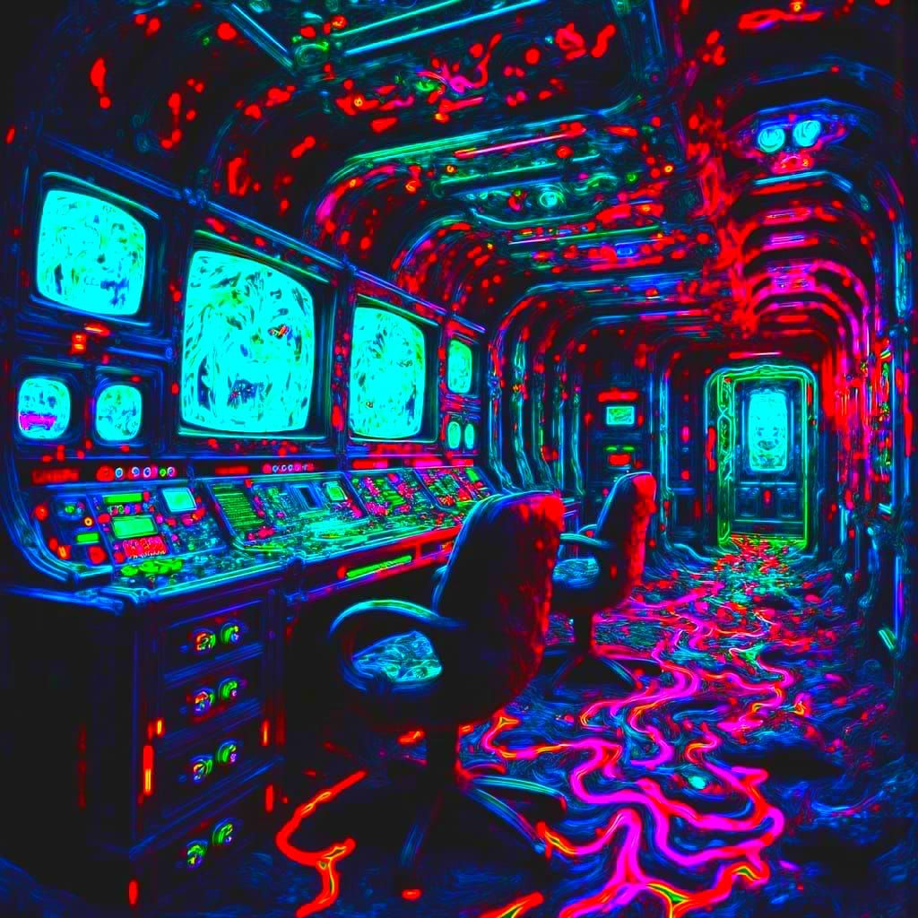 Neon Cyberpunk Control Room in Digital Chaos