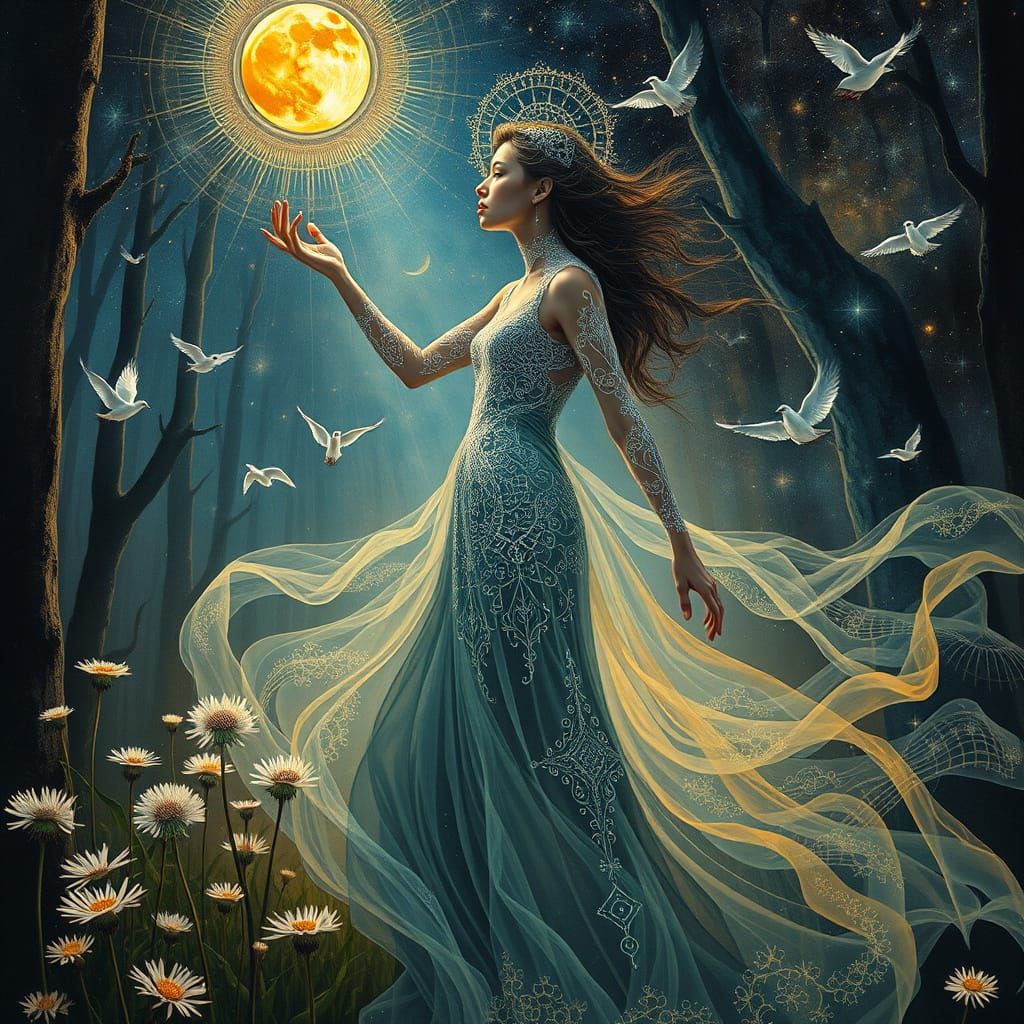 Surrealist Transhumanist Goddess in Celestial Forest