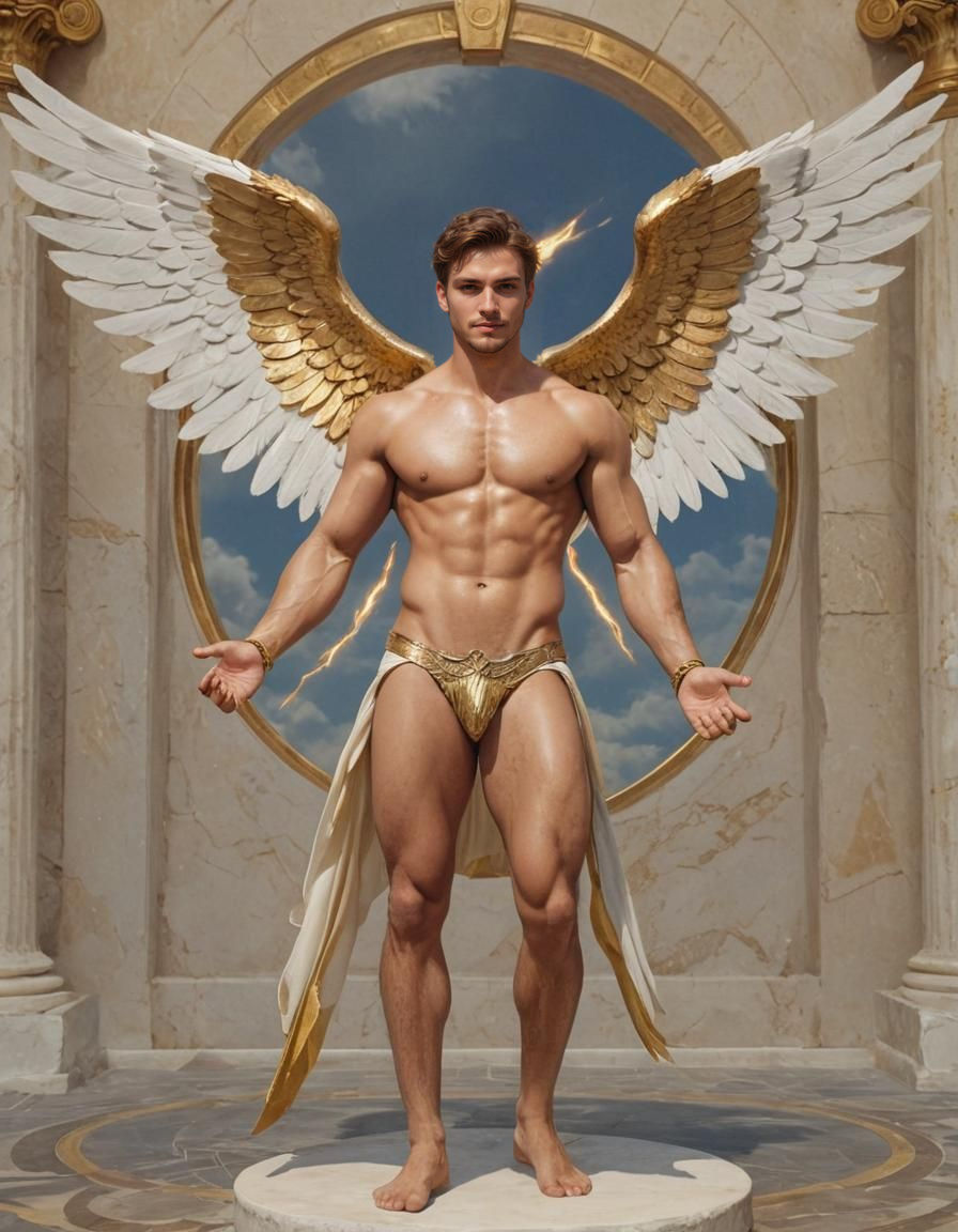 Handsome Angel Holding Thunderbolt in Golden Light