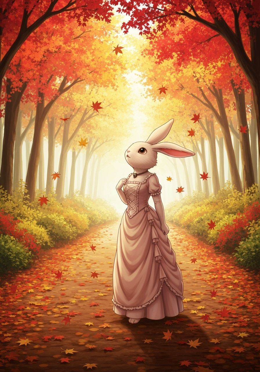 Anime Rabbit Girl Enjoys Autumn Forest Stroll