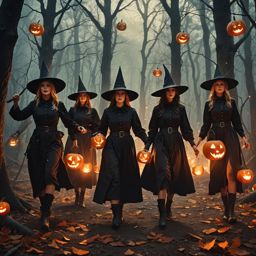Witches' Halloween Celebration in Mystical Forest