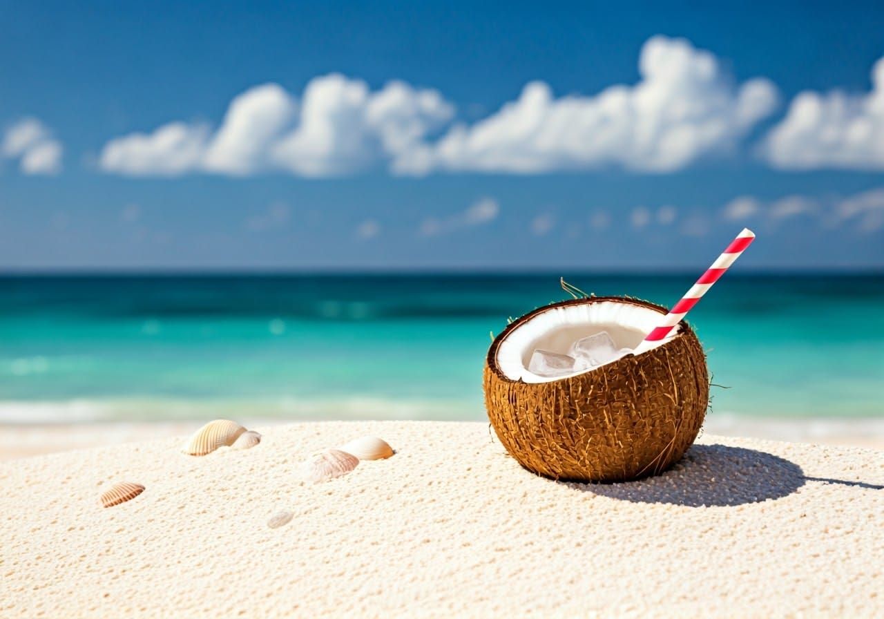 Tropical Paradise Beach Scene with Coconut and Striped Straw