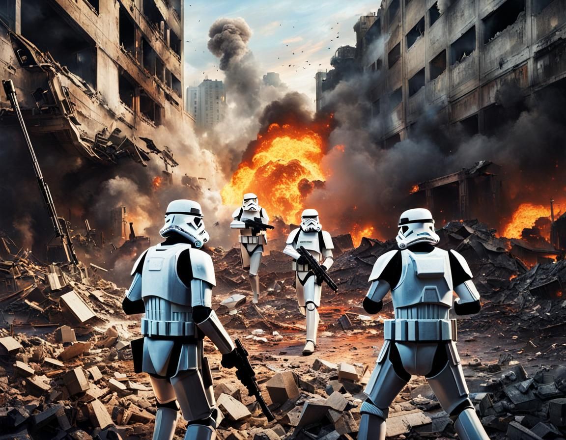 Stormtroopers Battle in Ruined City: Oil Painting