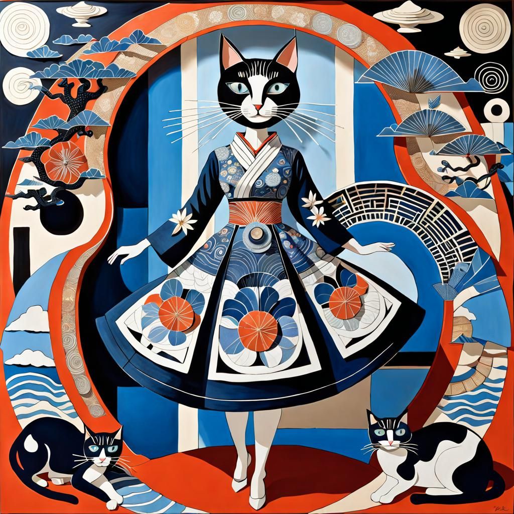 Whimsical Cat in Dress-Up, Naive Art Style