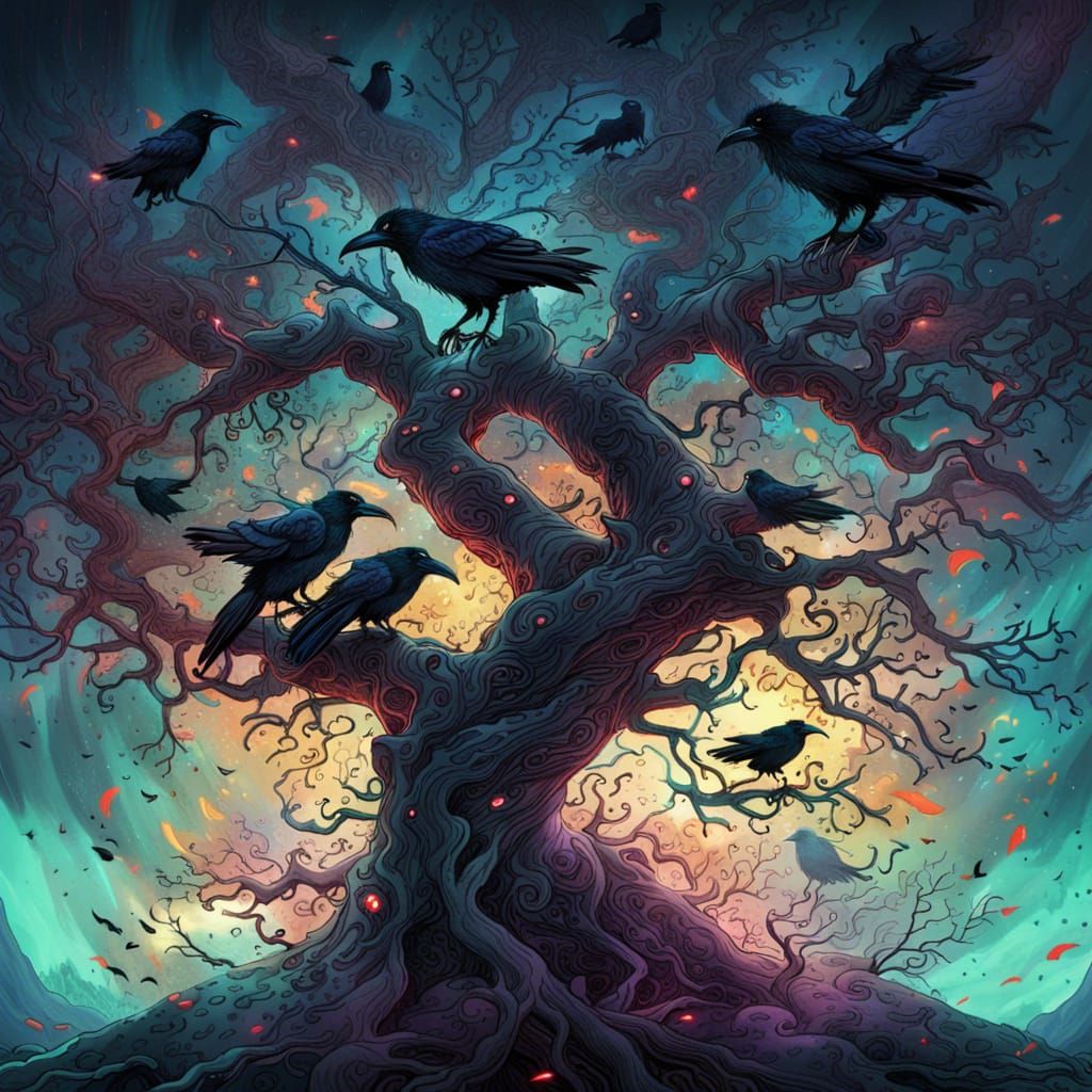 Glowing Tree with Ravens in Ethereal Color Splash
