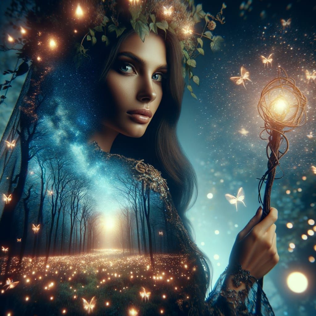 Enchantress Double Exposure in Magical Forest, 8k
