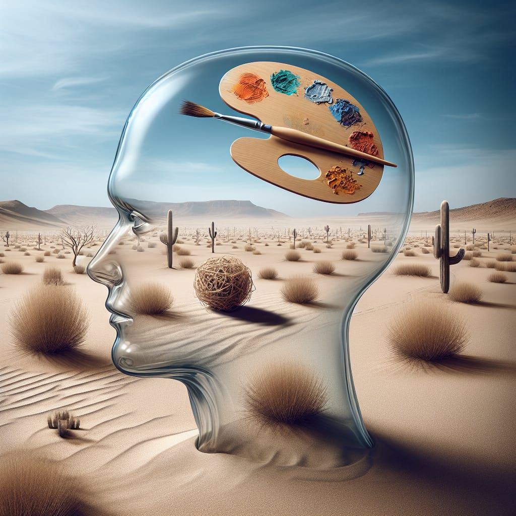 Glass Head with Desert Scene: Surreal Creativity