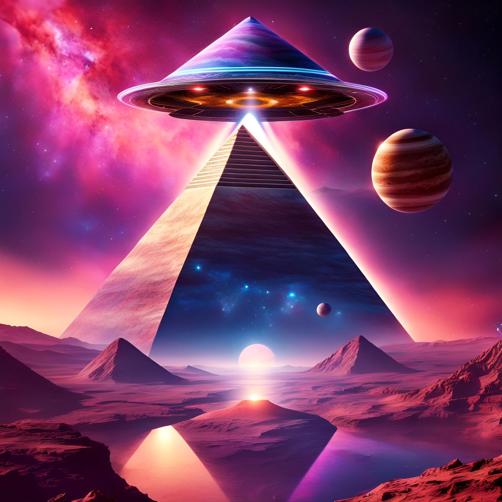 Pyramid UFO Orbits Planet: Holographic Cosmic Illustration