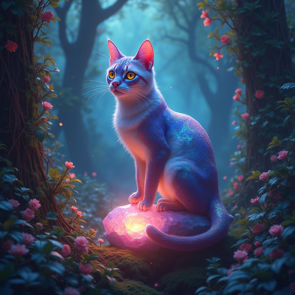 Regal Feline on a Glowing Crystal Throne