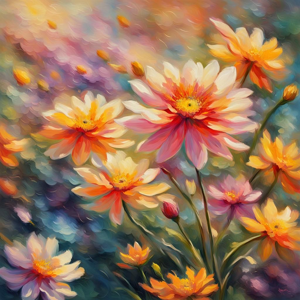 Blooming Flower in Impressionist Oil Painting