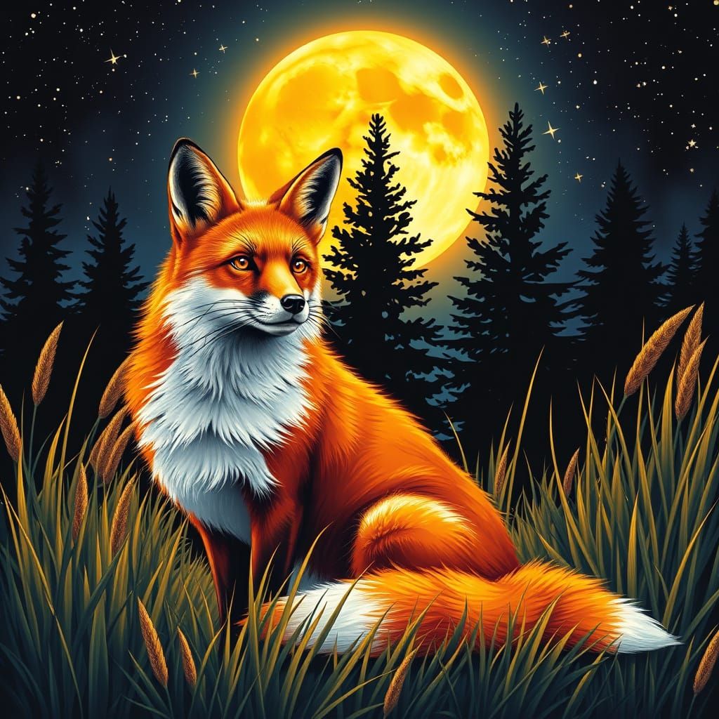Vibrant Red Fox in a Moonlit Landscape