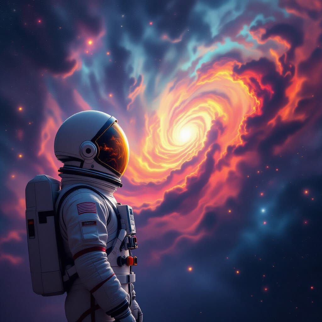Astronaut Views Cosmic Nebula in Retro Sci-Fi Style