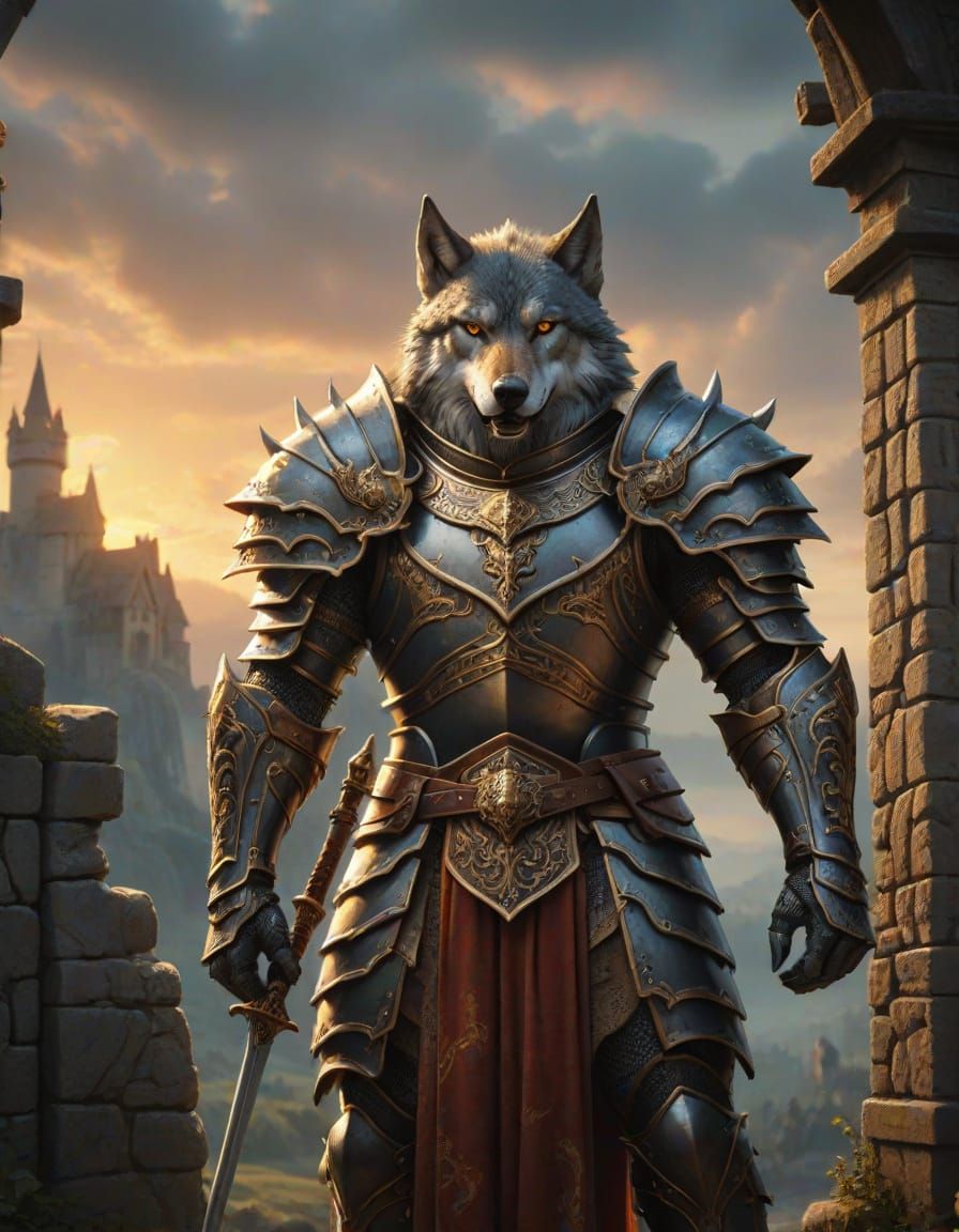 A Majestic Humanoid Wolf in Armor Guards a Medieval Gate