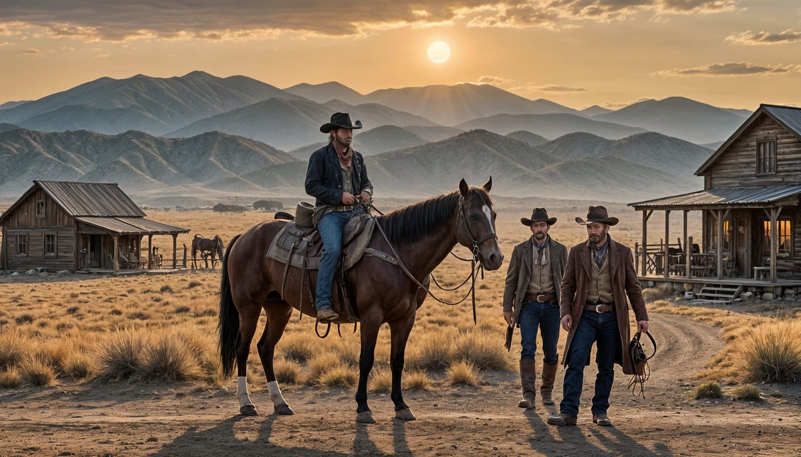 A Lonely Cowboy Stands at the Entrance to a Texas Saloon, Su...