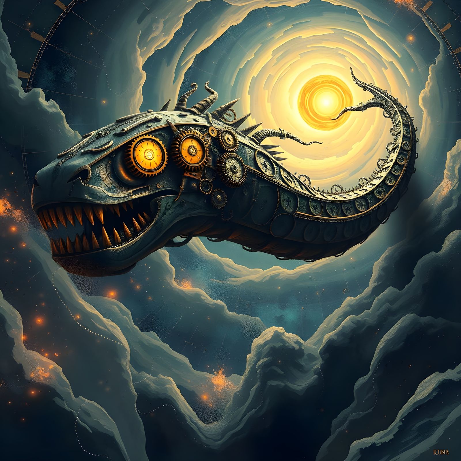 Behold the Timeless Leviathan: A Clockwork Colossus Weaving Through the Fabric of the Cosmos