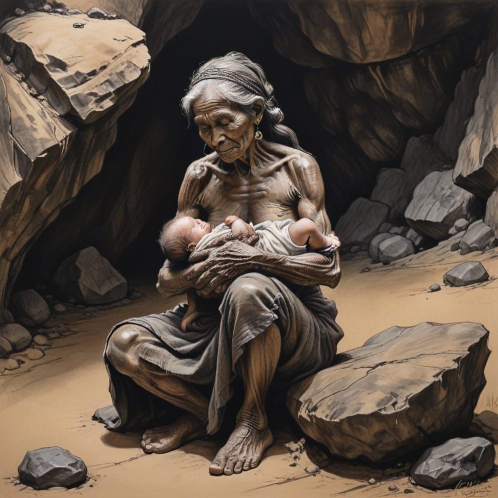 Ancient Tribal Mother Tends to Newborn in Cave
