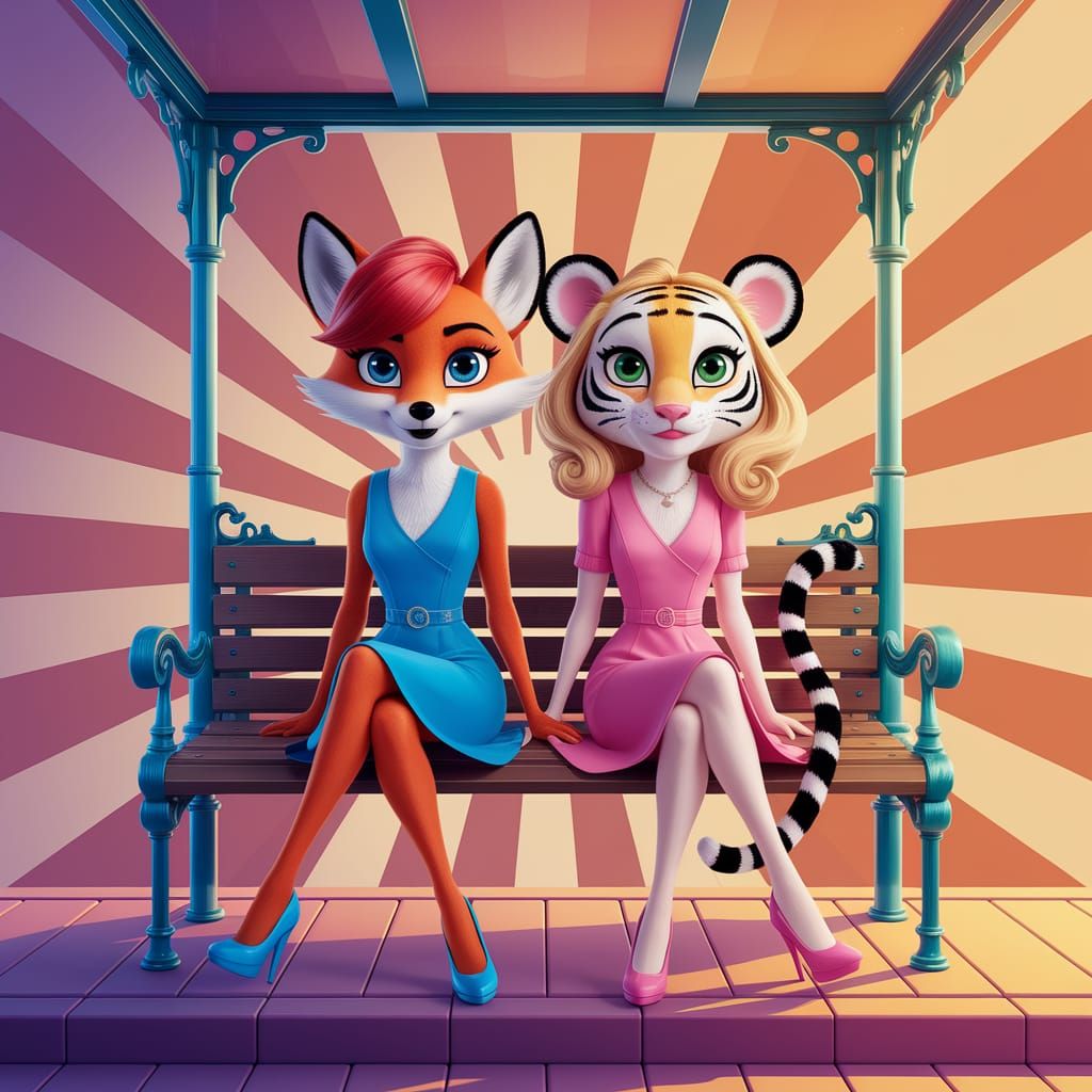 Whimsical Female Fox and Tiger at a Magical Bus Stop