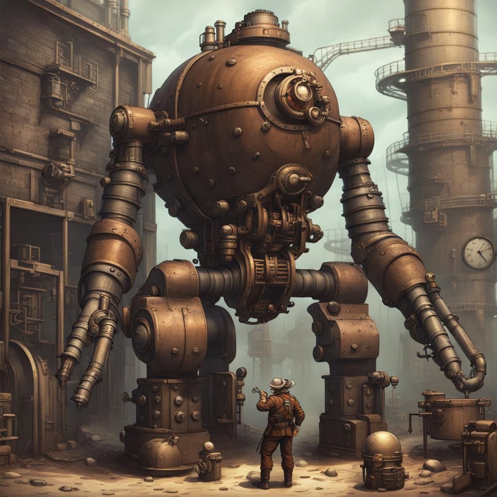 Steampunk Golem Factory with Sci-Fi Weapons