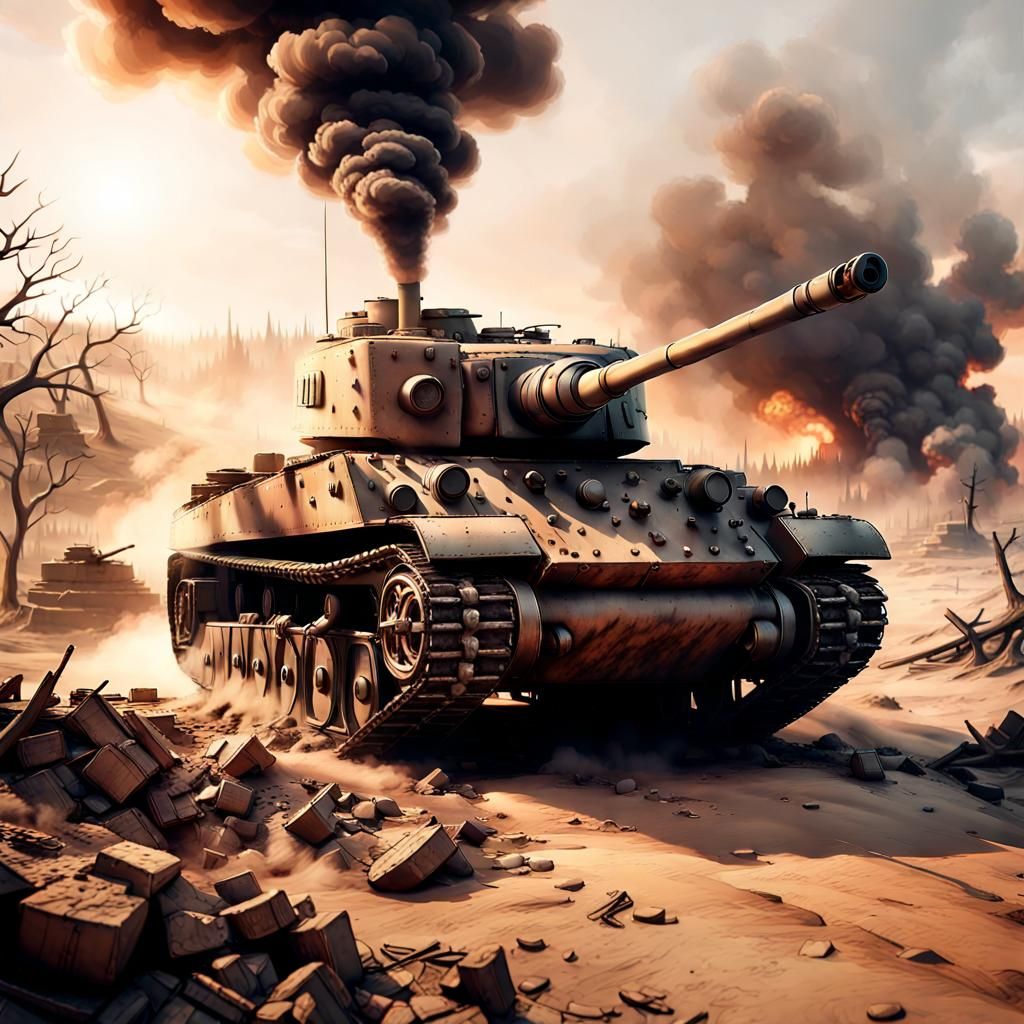 Damaged WWII Tank in War-Torn Landscape: 3D Art