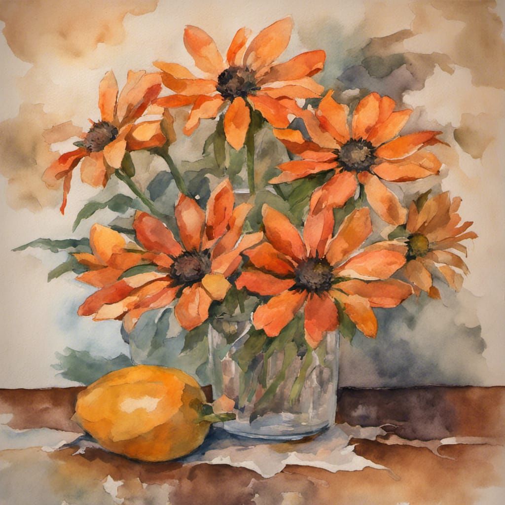 Coneflowers Still Life in Gouache Watercolor Style