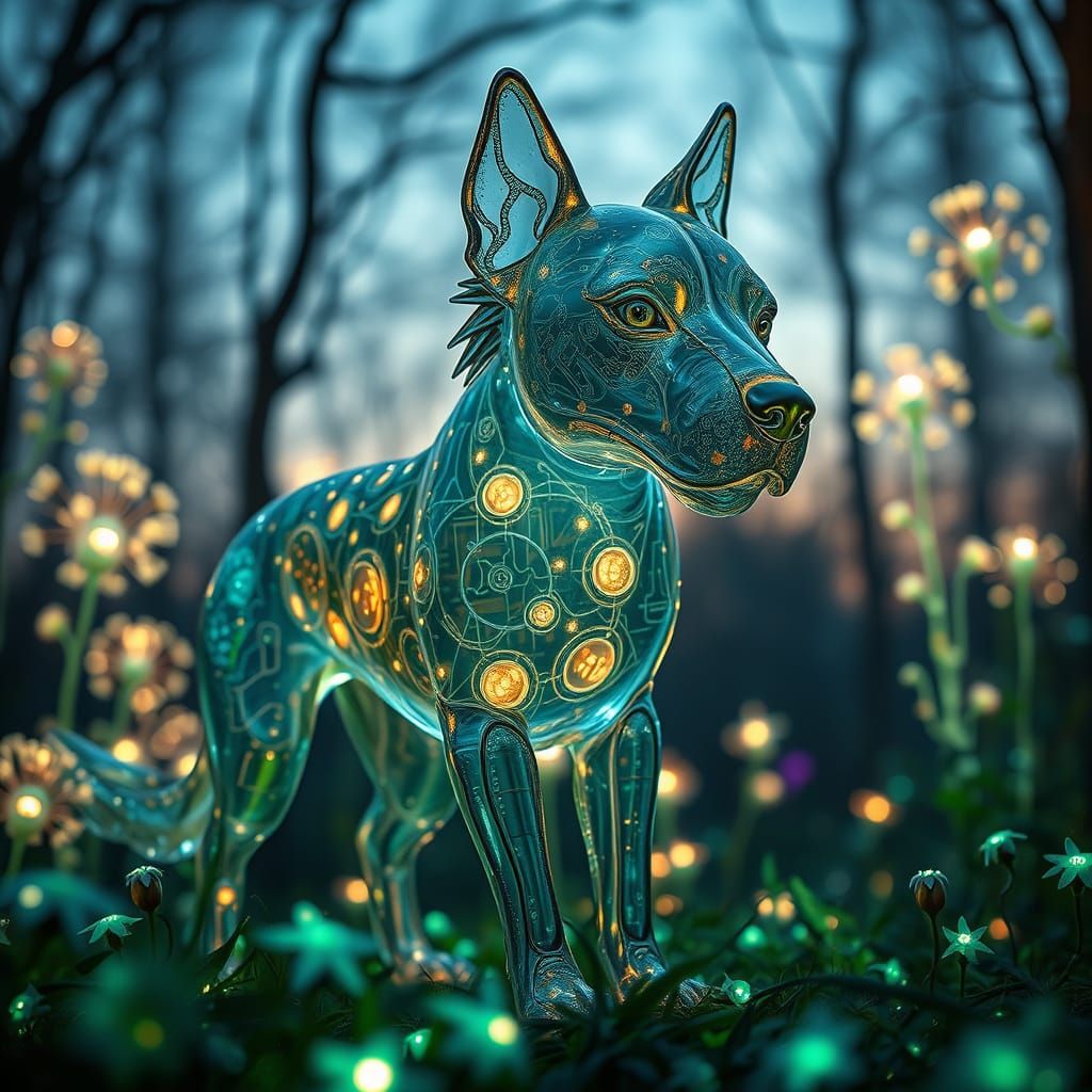 Glass Dog with Circuitry in Bioluminescent Forest
