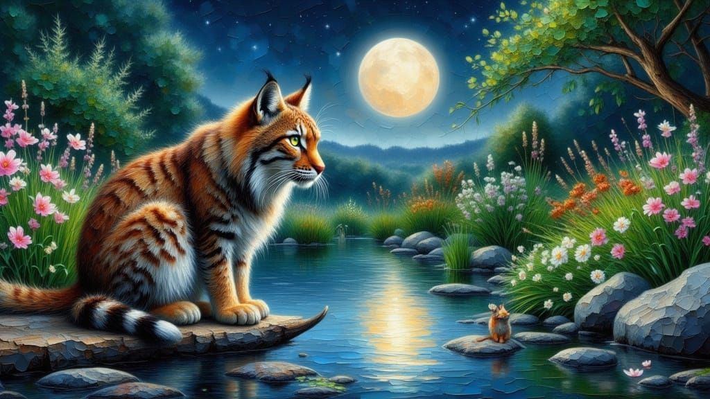 Tabby Cat and Bobcat in Cracked Impasto Garden