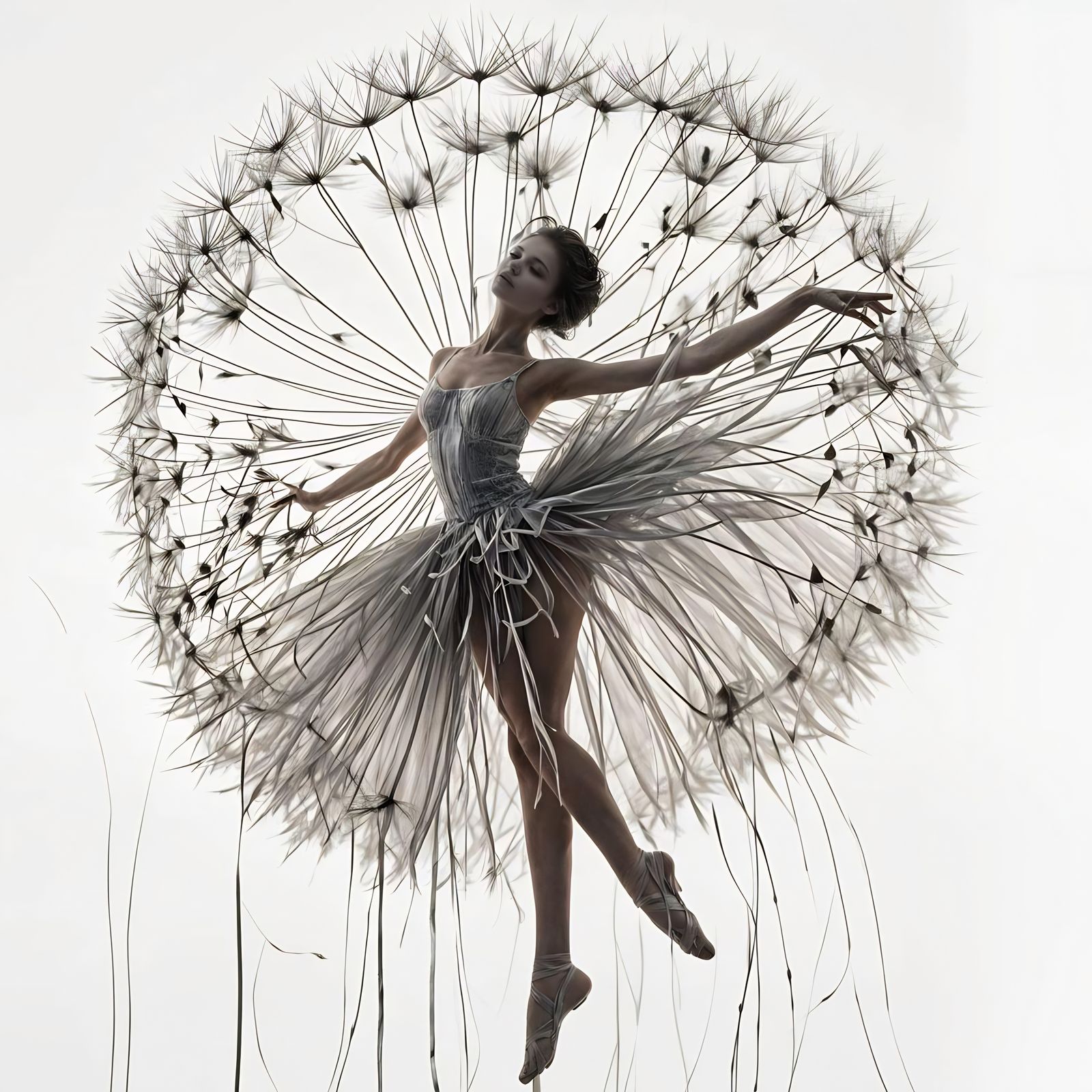 Dreamy Grayscale: Dancer in Dandelion Double Exposure