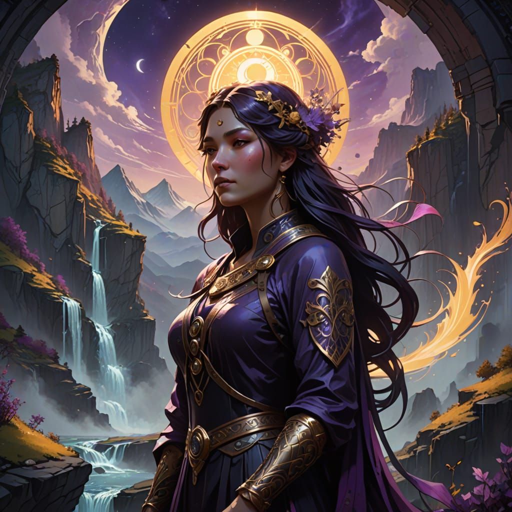 Transcendent Woman Embodies Yin Yang in Surreal Landscape