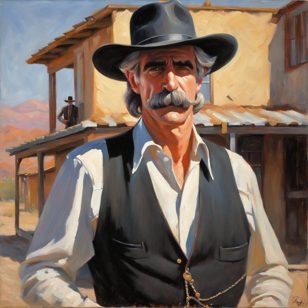 Cowboy Outside Cantina as Impressionistic Oil Painting
