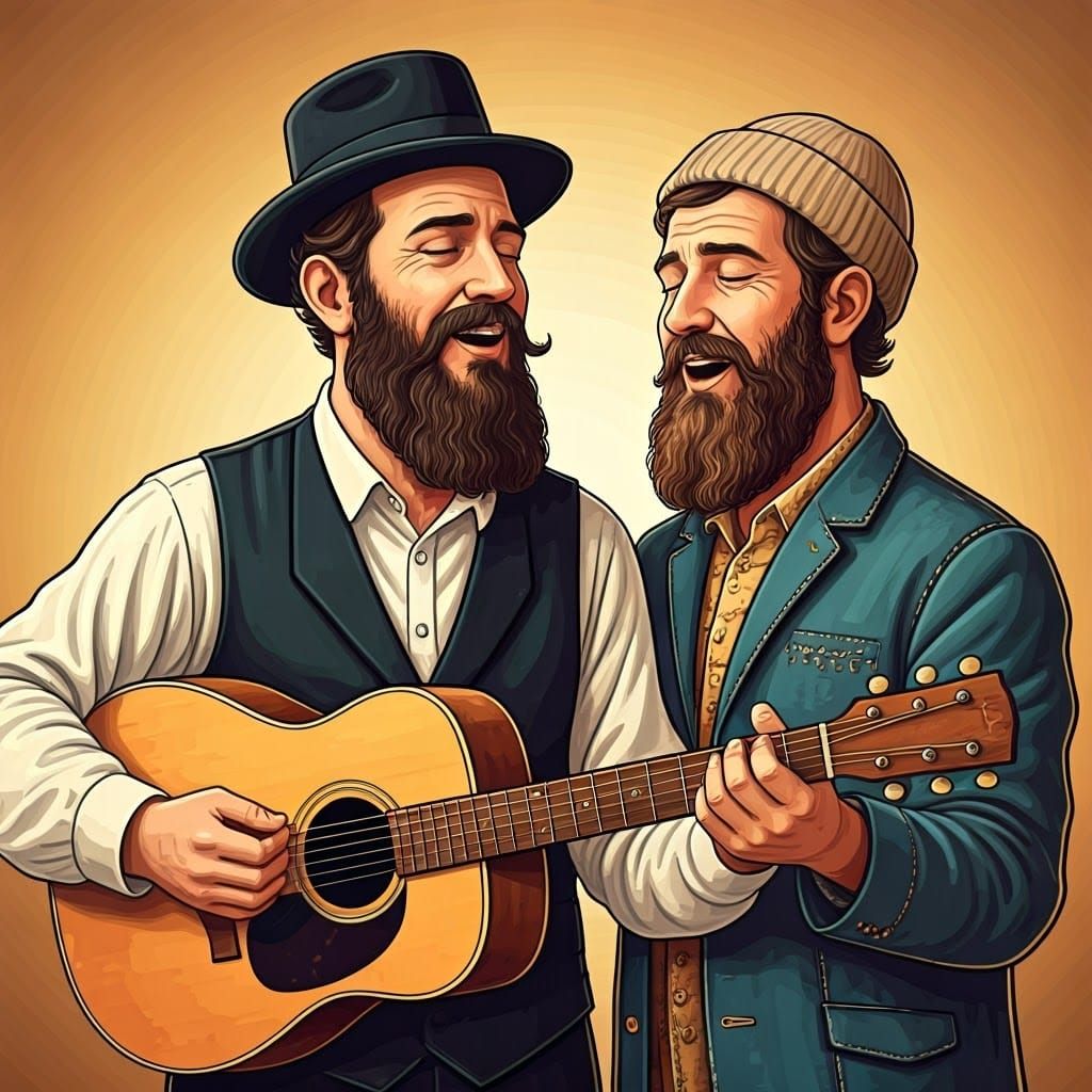 Two Men Singing Together in Folk-Art Style