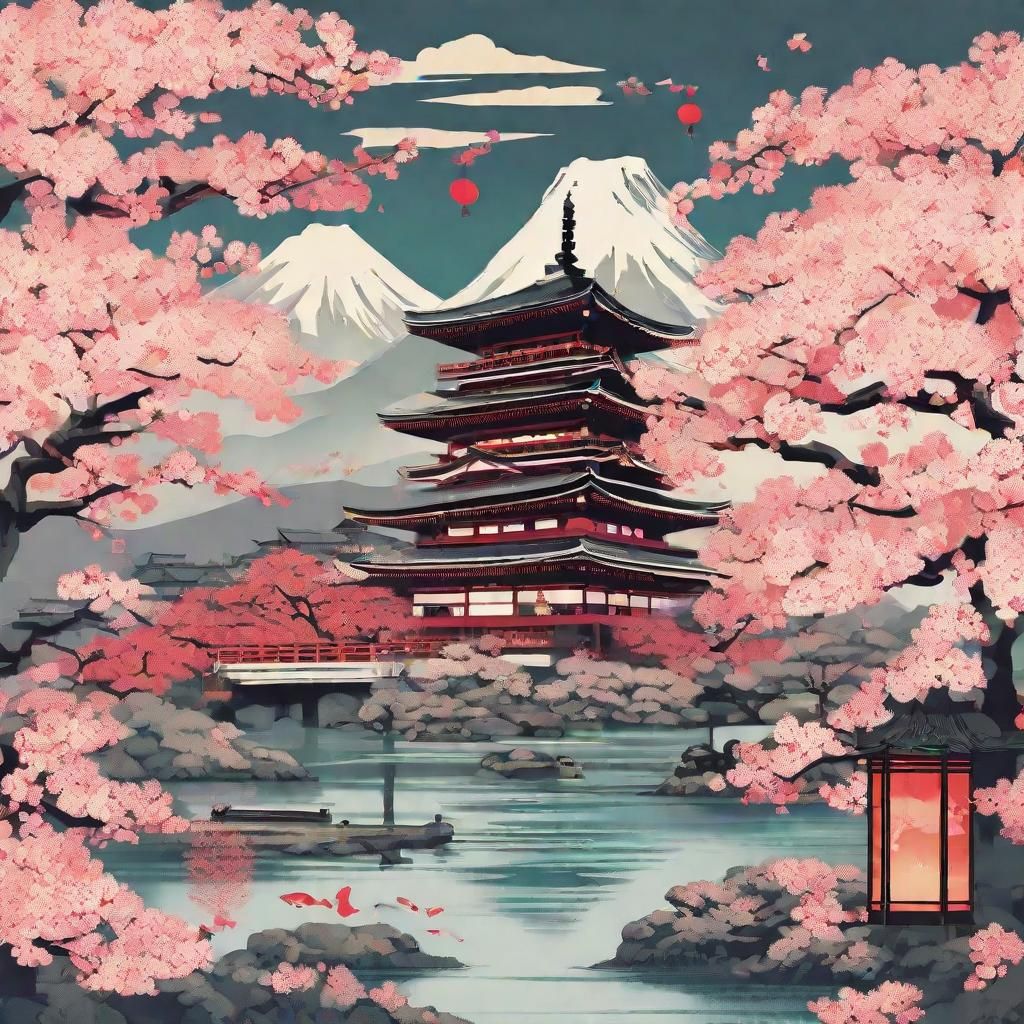 Abstract Ukiyo-e Japan Landscape in Anime Style
