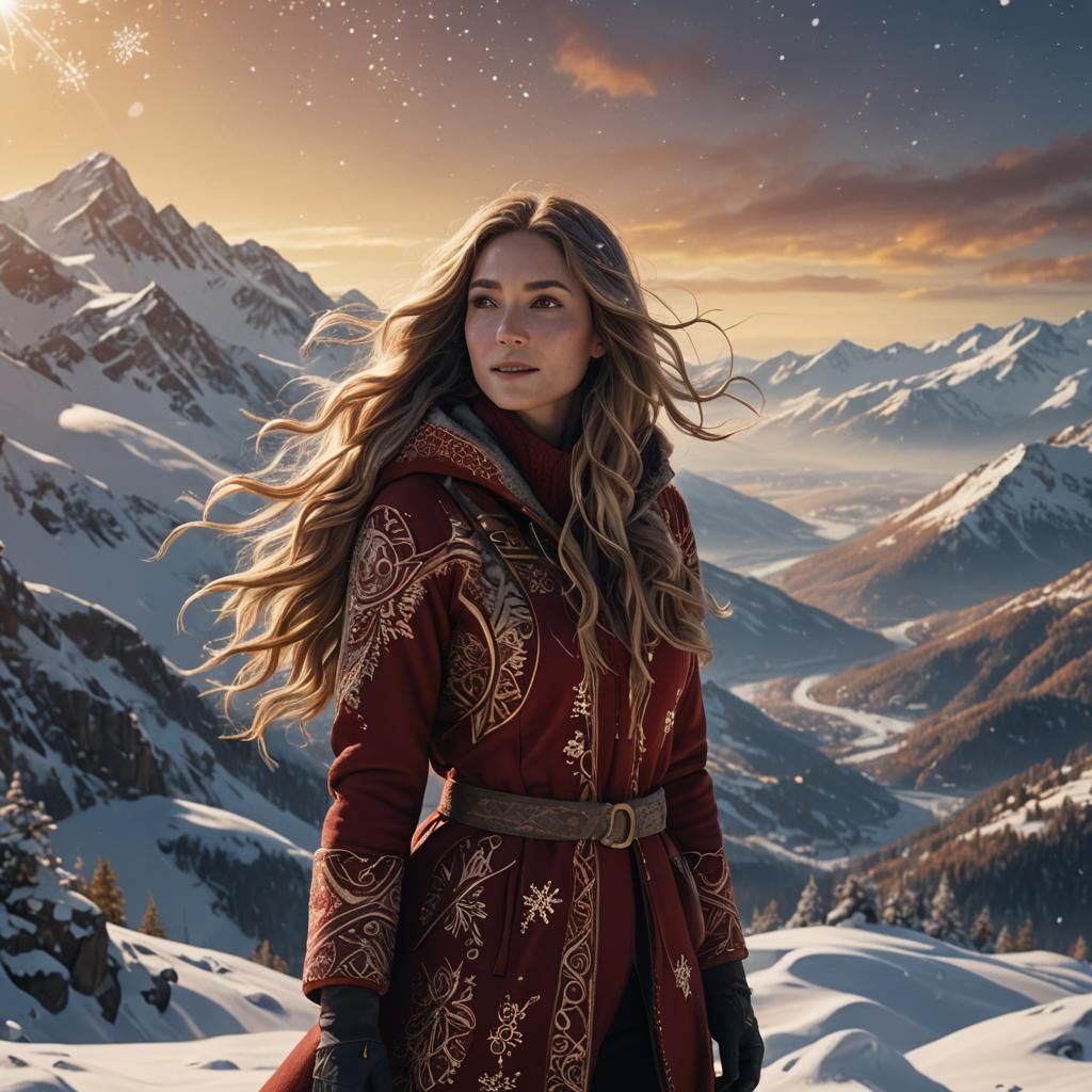 Woman on Snowy Mountain in Fantasy Concept Art