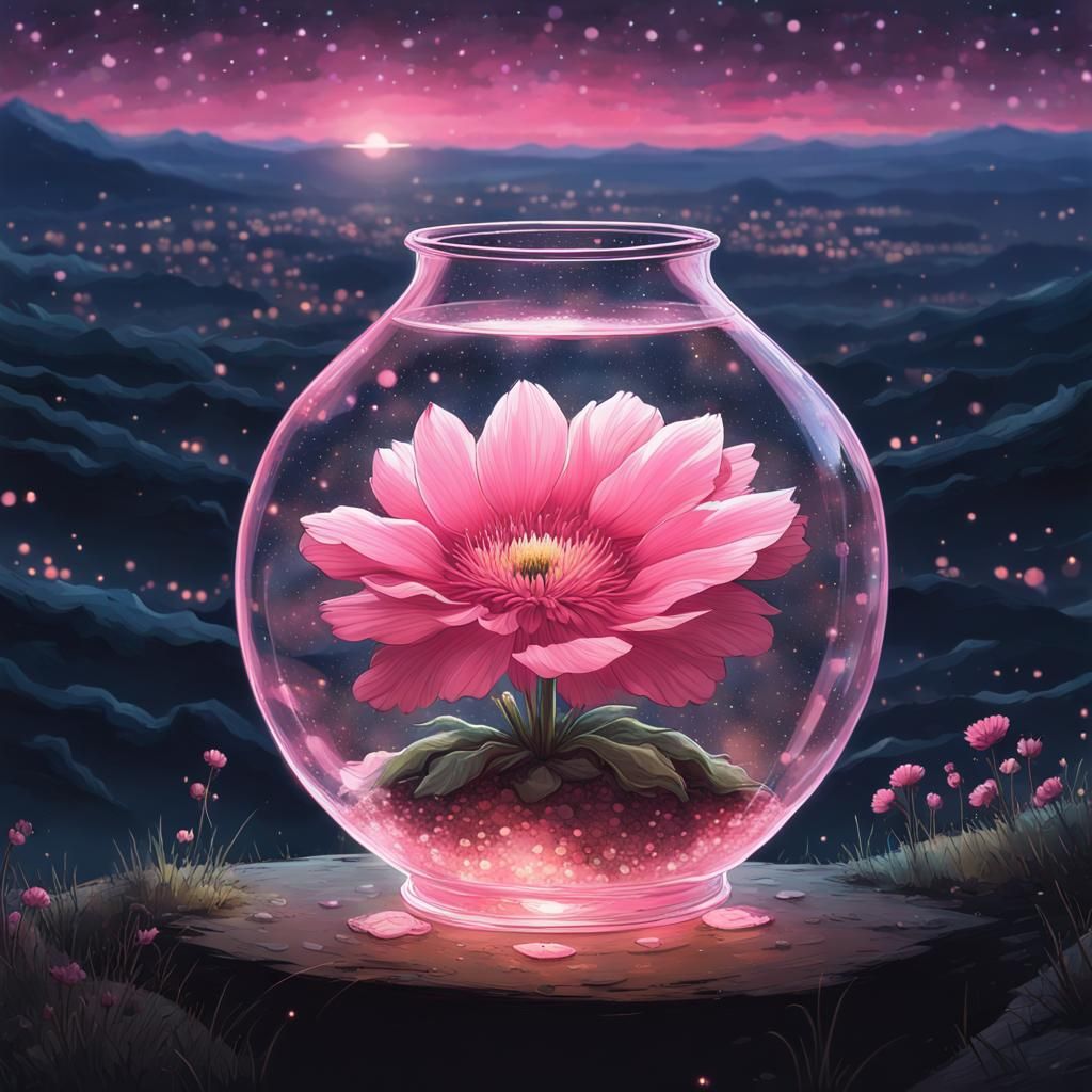 Pink Flower in Vase Under Starry Night