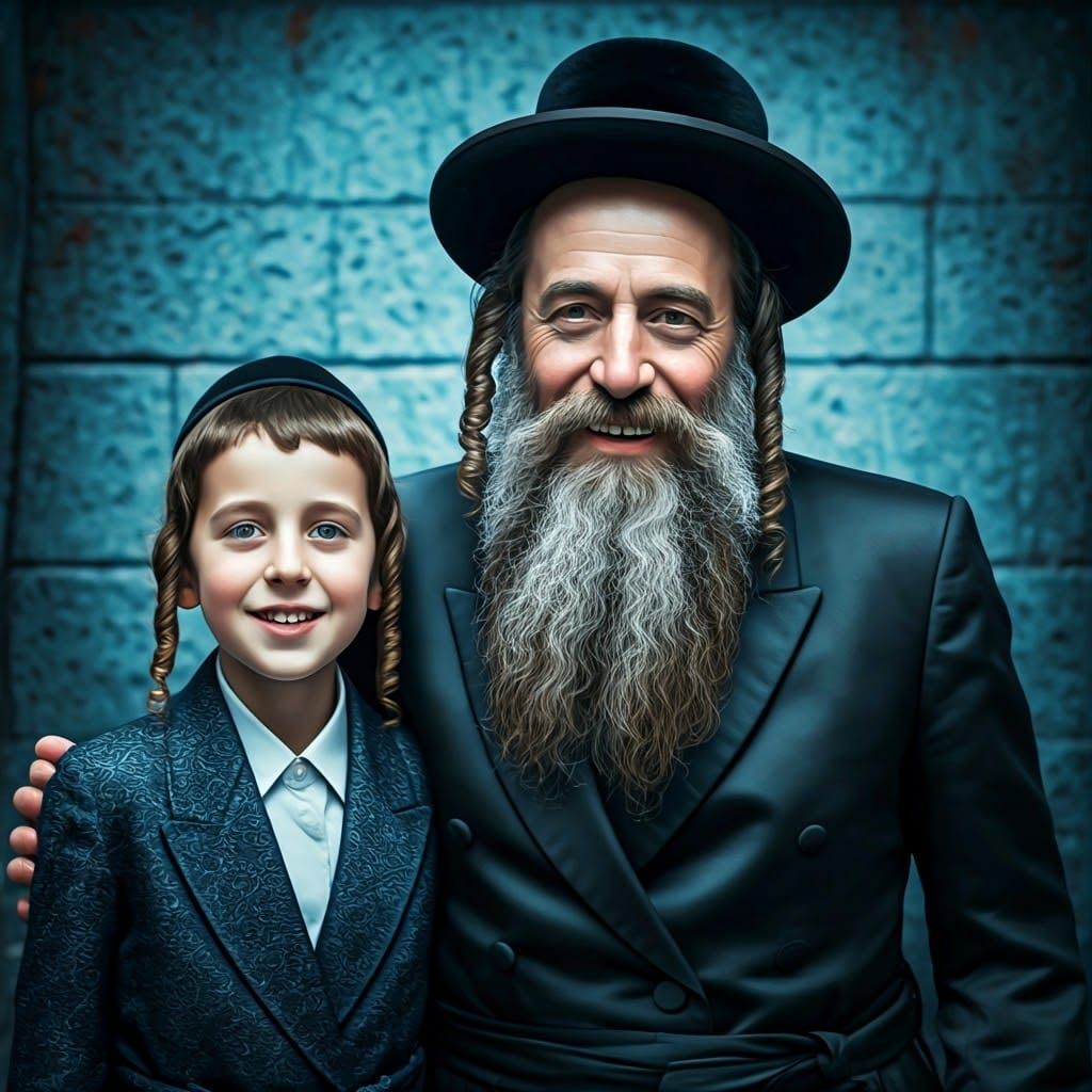 Orthodox Jew and Haredi Boy in Vibrant Blue Monochromatic La...